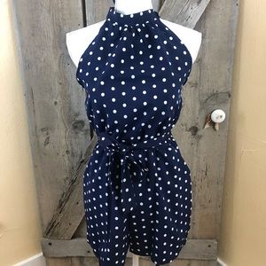 NWT Angashion  Blue White Halter Belted Romper